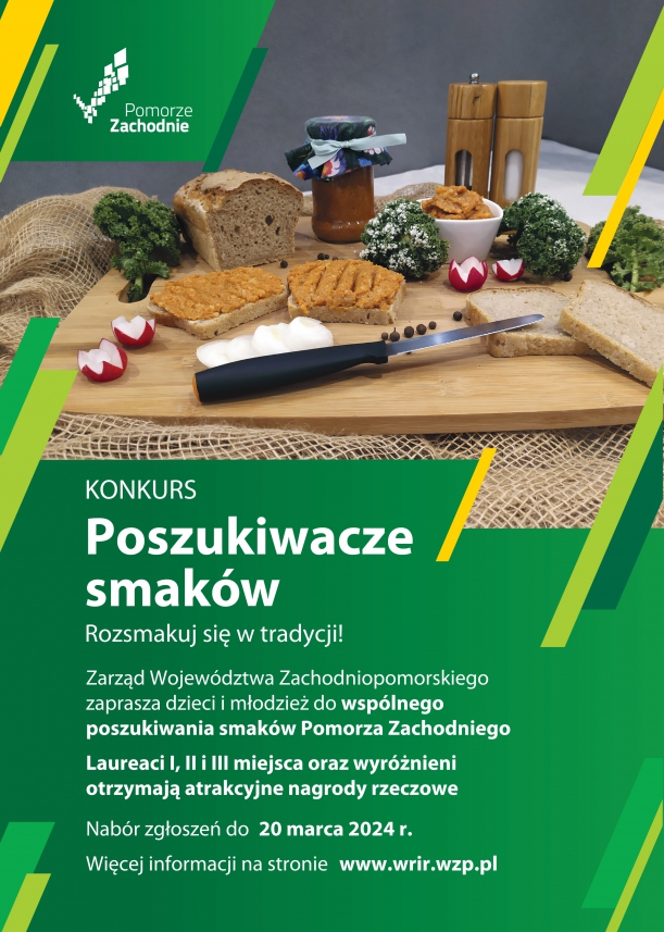 Plakat konkursu „Poszukiwacze Smaków” na którym widnieje deska z chlebem i paprykarzem