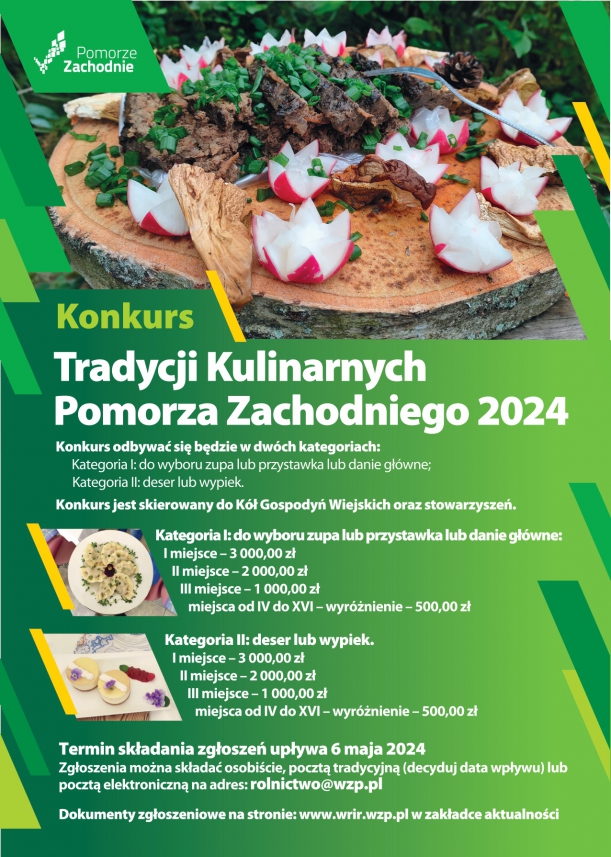 Plakat Konkursu Tradycji Kulinarnych 2024 przedstawiający informacje o konkursie oraz dania kulinarne