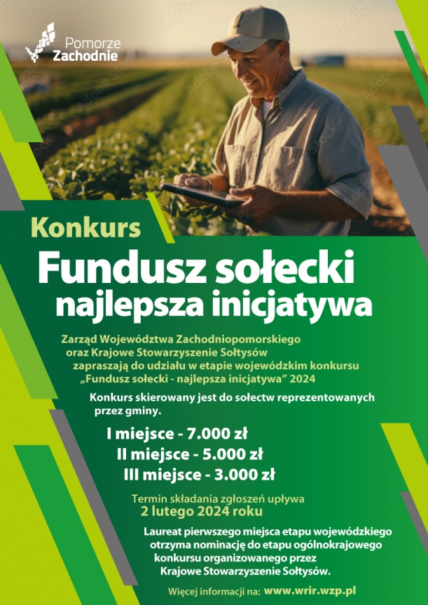 plakat konkursu „Fundusz sołecki – najlepsza inicjatywa” przedstawiający rolnika na polu z tabletem
