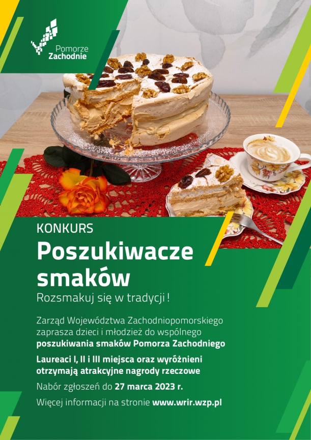 plakat konkursu "Poszukiwacze Smaków" na którym widac ciasto i filiżankę kawy